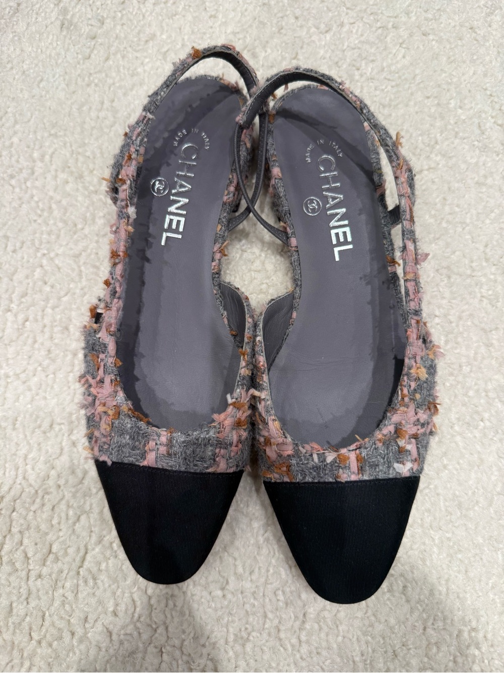 CHANEL Pink, Gray & Black Tweed Slingback Flats